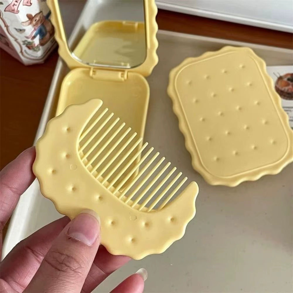 Cheese Biscuit Design Pocket Mirror Portable Foldable Mini Makeup Mirror for Travel Daily Use Cute Cartoon Style