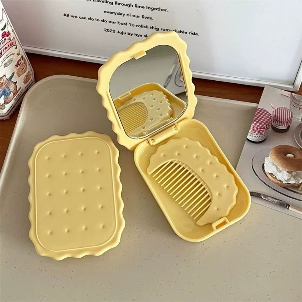 Cheese Biscuit Design Pocket Mirror Portable Foldable Mini Makeup Mirror for Travel Daily Use Cute Cartoon Style
