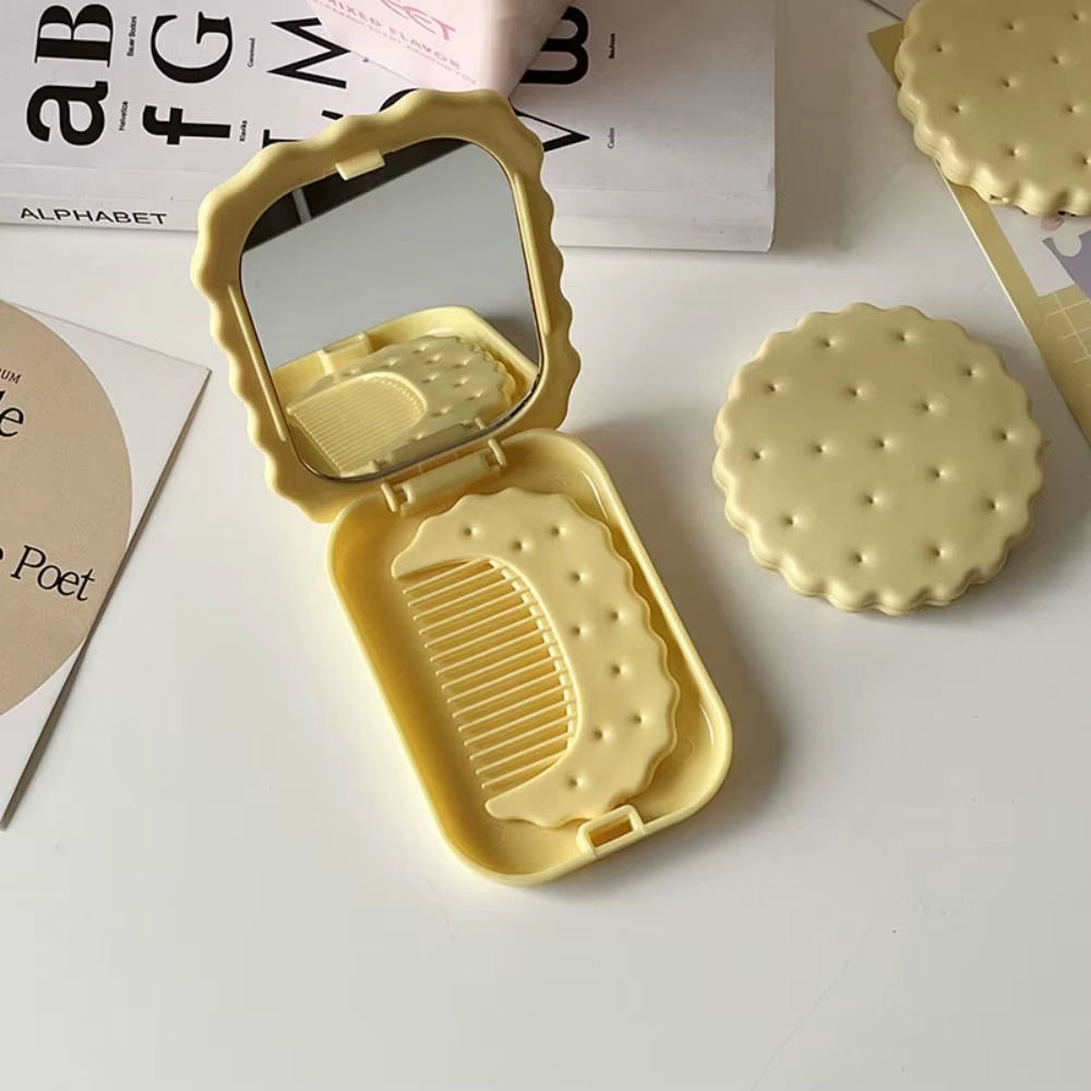 Cheese Biscuit Design Pocket Mirror Portable Foldable Mini Makeup Mirror for Travel Daily Use Cute Cartoon Style