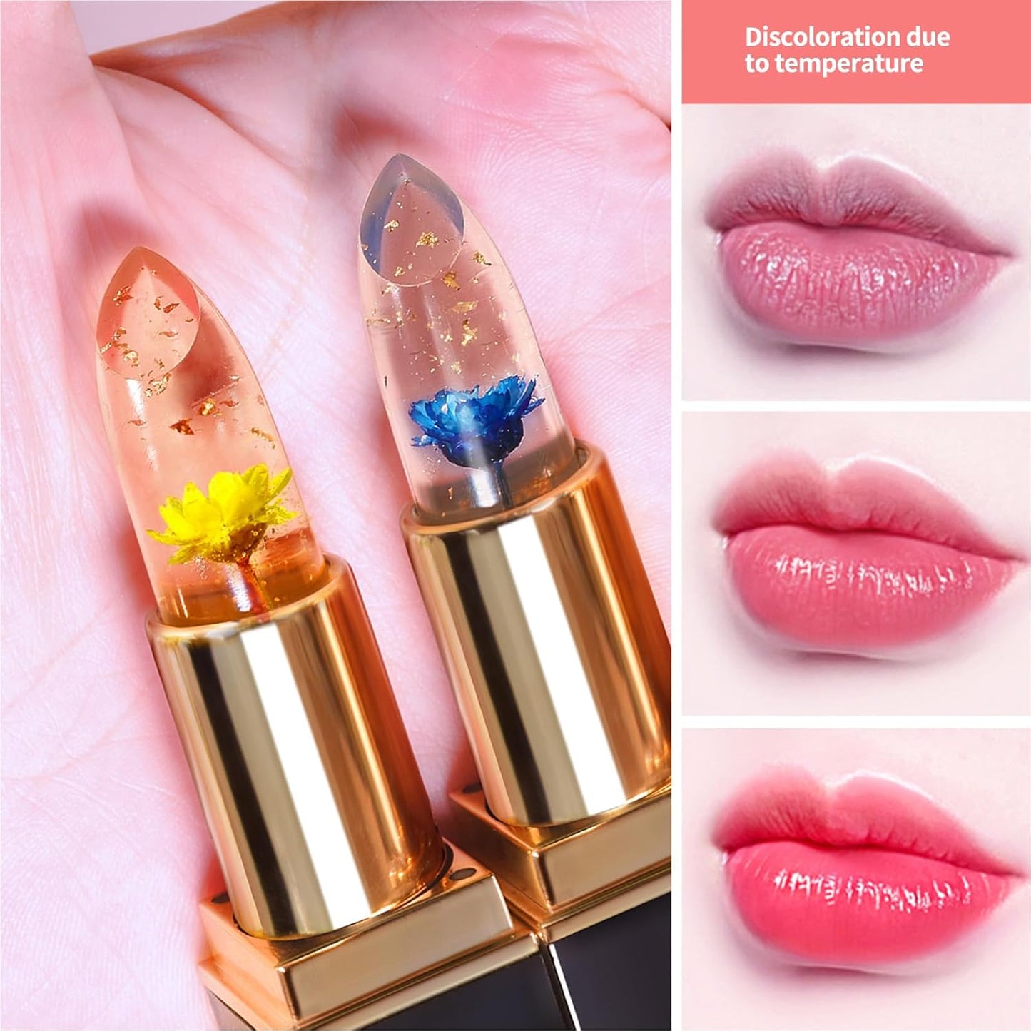 Color Changing Flower Lipstick - Hydrating Jelly Lip Balm with Flower, Long-Lasting Moisturizer & Nourishing Lip Gloss (2Pc Gold)