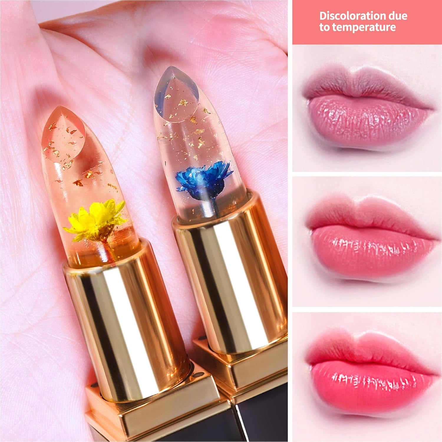 Color Changing Flower Lipstick - Hydrating Jelly Lip Balm with Flower, Long-Lasting Moisturizer & Nourishing Lip Gloss (2Pc Gold)